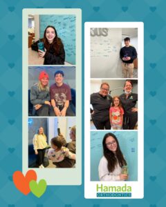 Collage of smiling patients at Hamada Orthodontics including teens, kids, and families celebrating their orthodontic treatment with the Hamada team