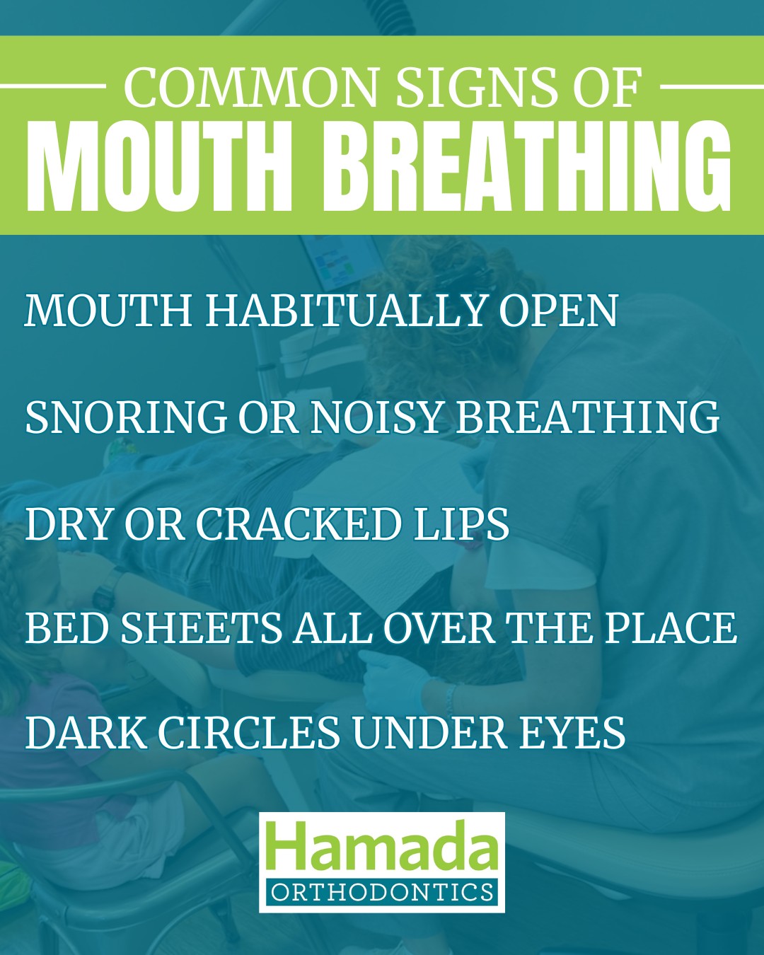 Common signs of mouth breathing infographic: mouth habitually open, snoring or noisy breathing, dry or cracked lips, restless sleep with sheets everywhere, and dark circles under eyes — Hamada Orthodontics