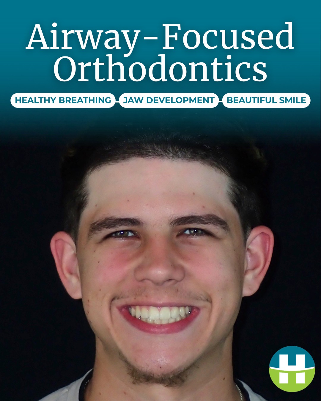 Smiling teen patient after airway-focused orthodontic treatment with an orthodontist in Luling, LA, supporting healthy breathing, jaw development, and a beautiful smile.